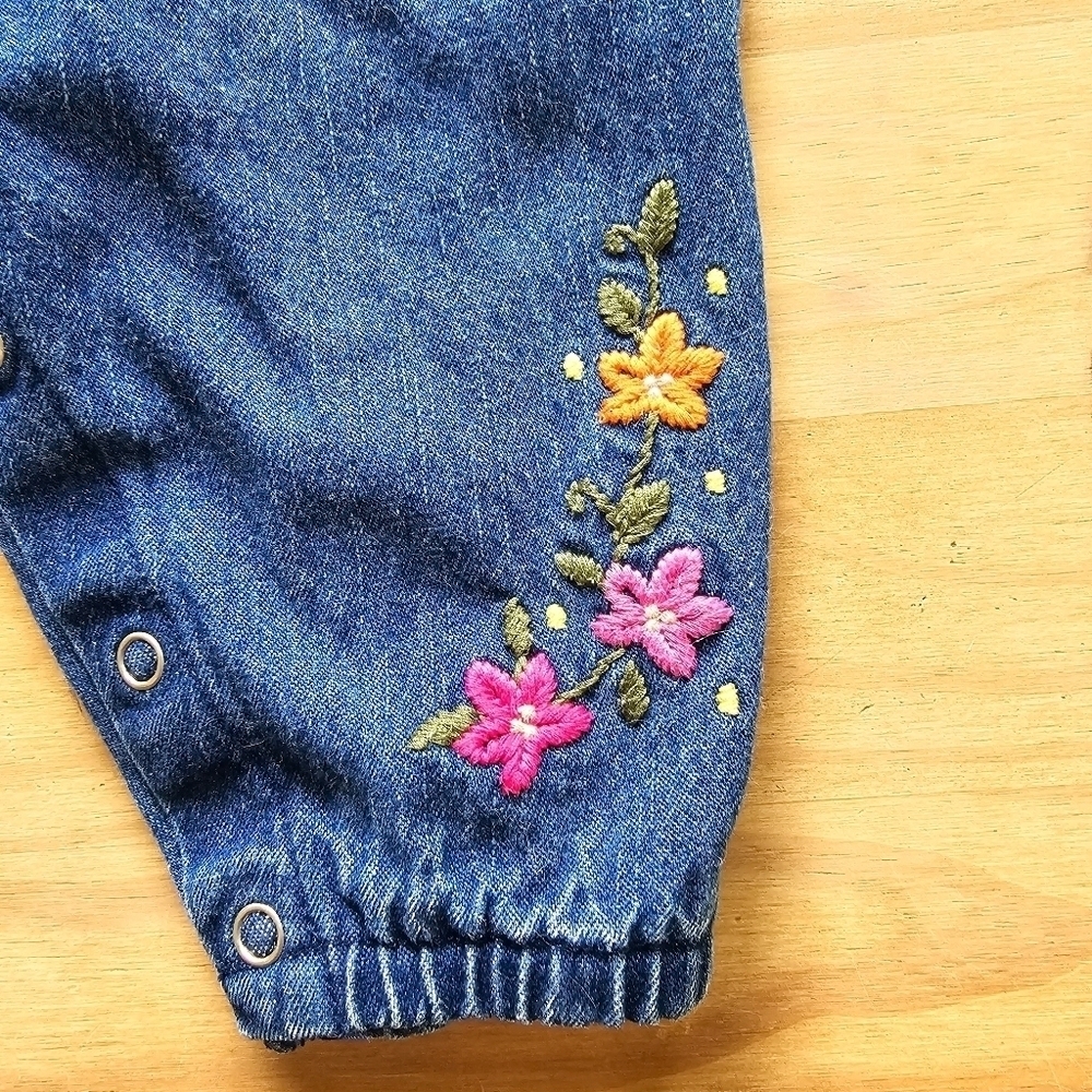 Vintage Cherokee Baby Floral Embroidered Boiler Denim Jumpsuit - Picture 4 of 12